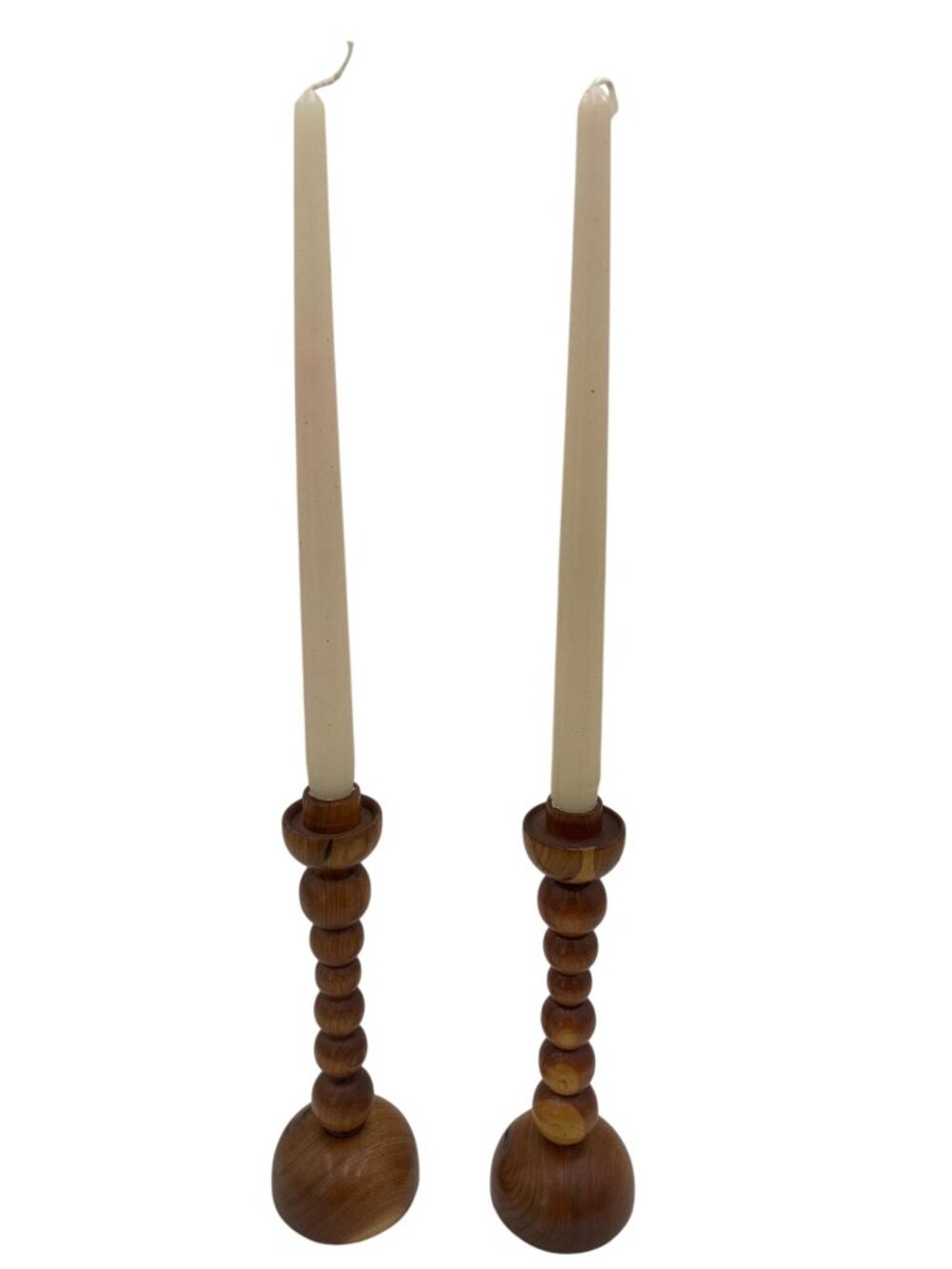 Pair Of Handcrafted Wooden Beaded Candlestick Holders - Rustic Decor Accent 10"